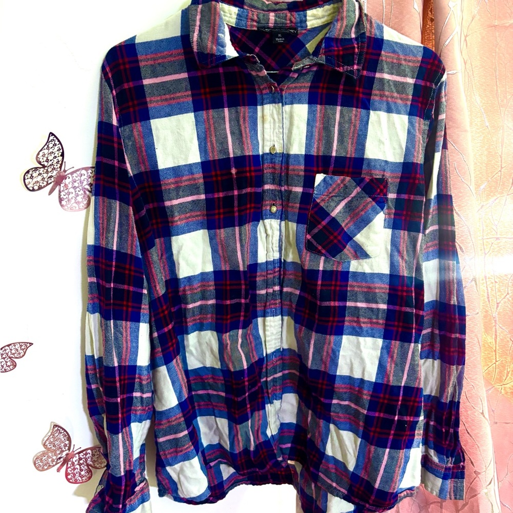 Plaid Button Down Shirt - Blue and White